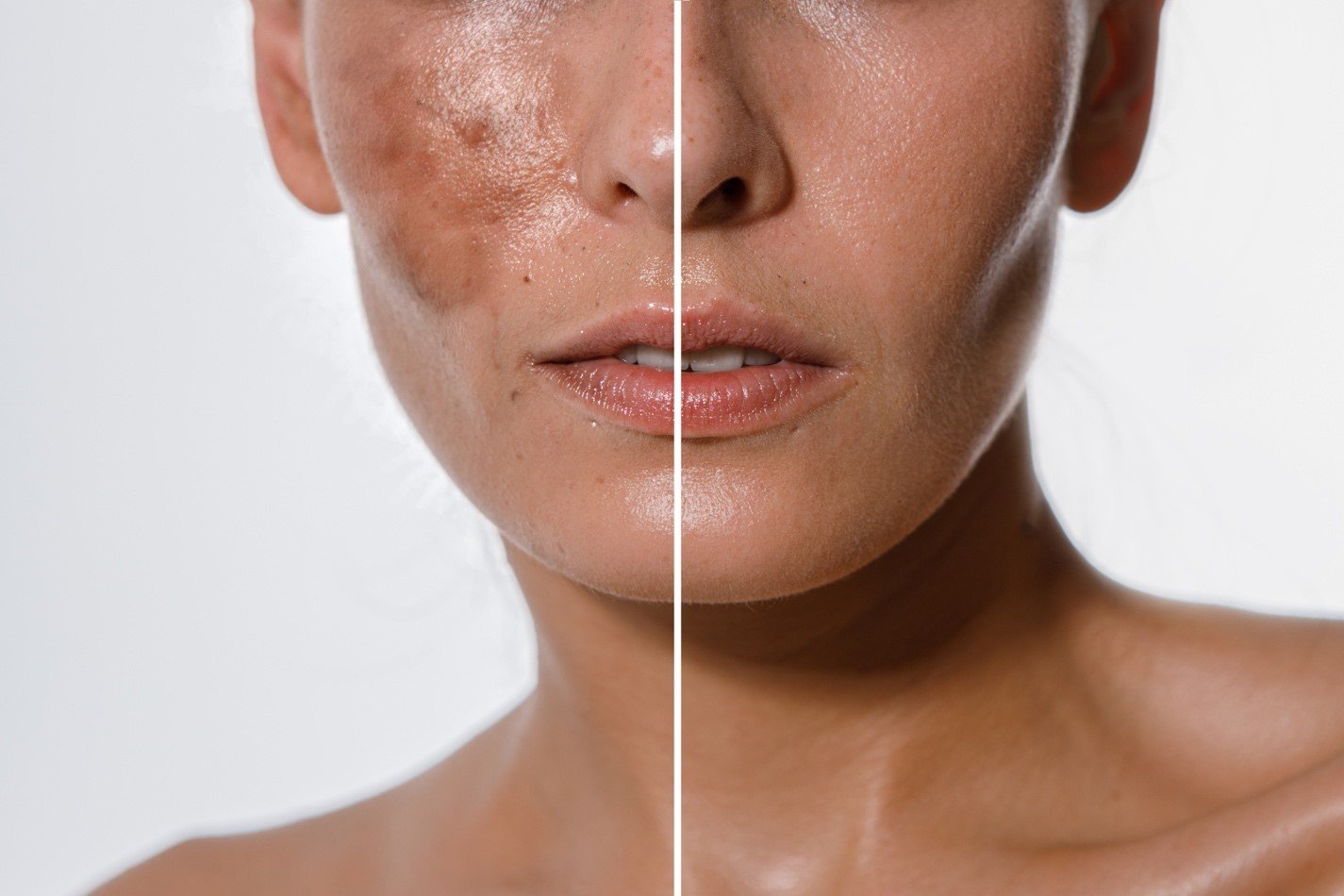 Rosto de mulher com a diferença antes e depois do tratamento anti manchas da La Roche Posay