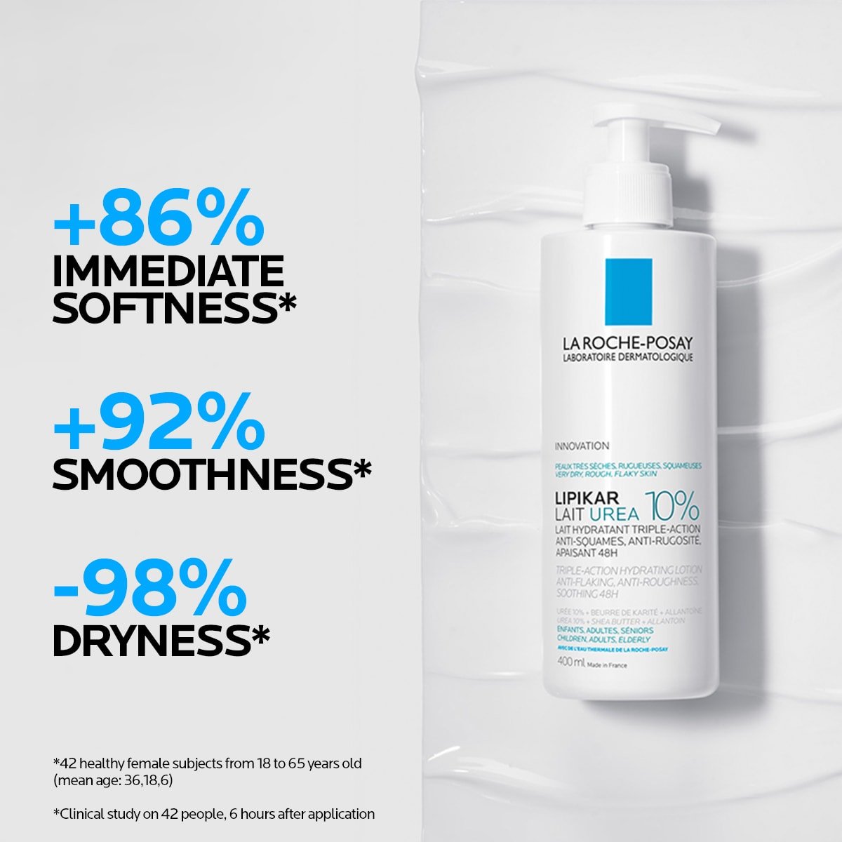 Lista de benefícios e parte frontal do produto Lipikar Lait Urea 10% da La Roche Posay